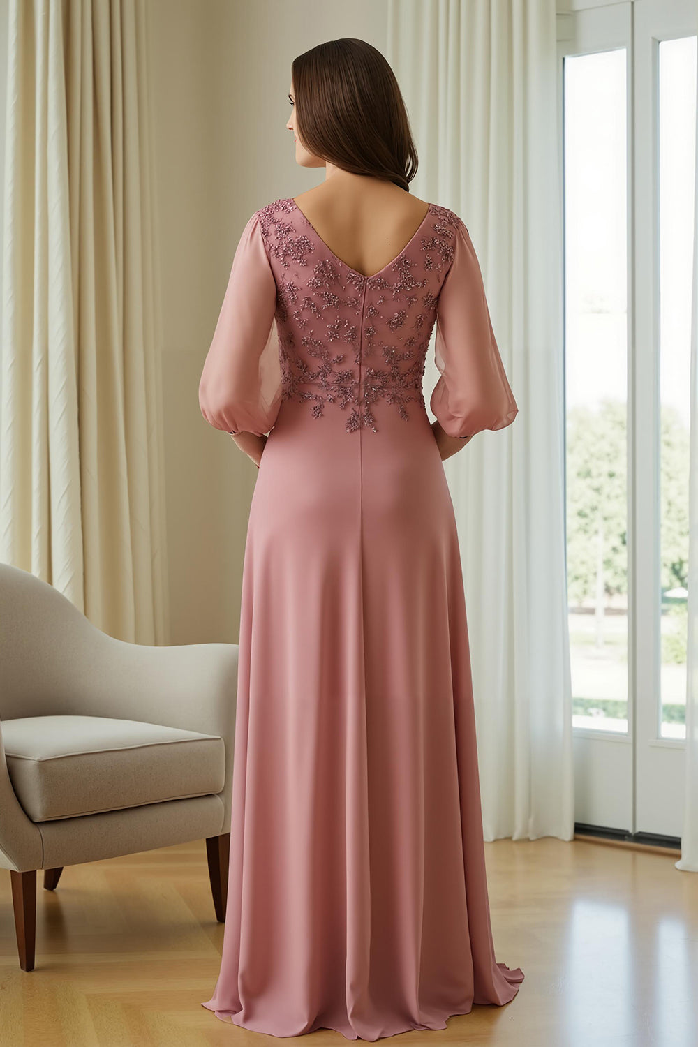 Dusty Rose Appliqued Chiffon Long Wedding Guest Dress with Sleeves