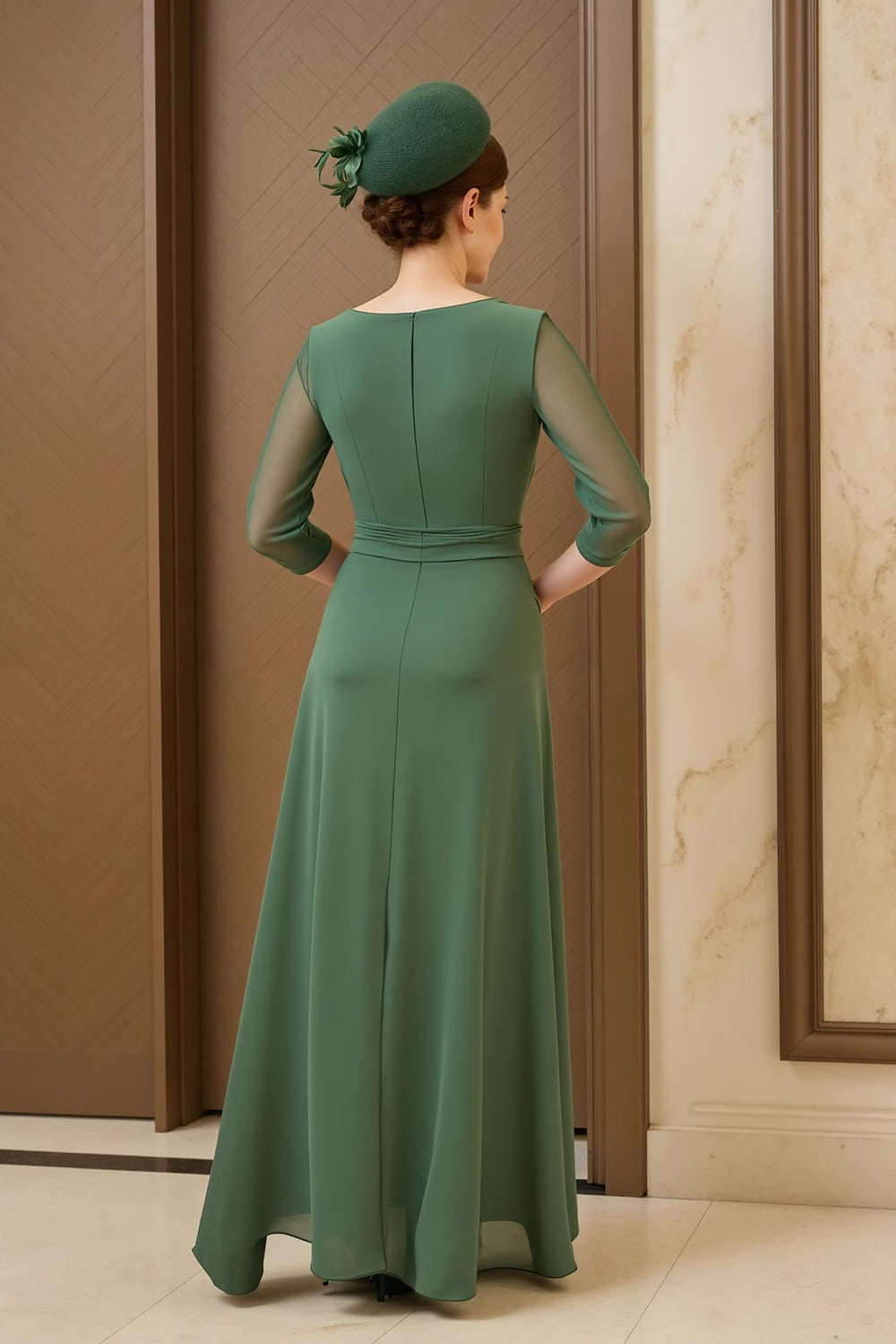 Dark Green Ruched Chiffon Long Wedding Guest Dress with Sleeves
