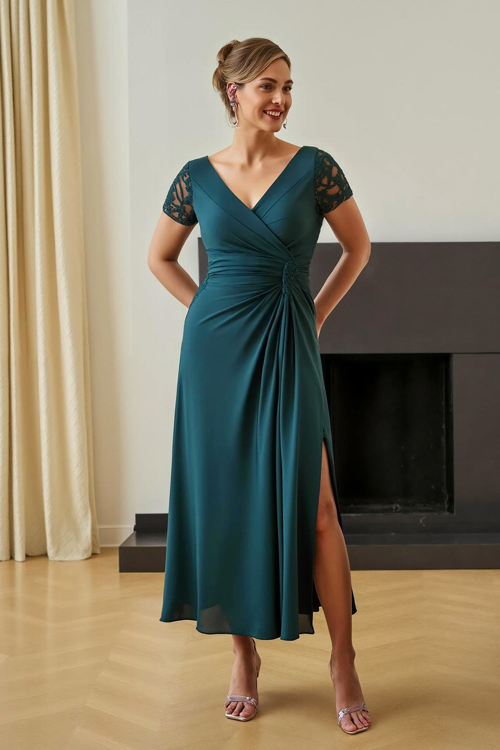 Pine V-Neck Ruched Long Wedding Guest Dress with Slit