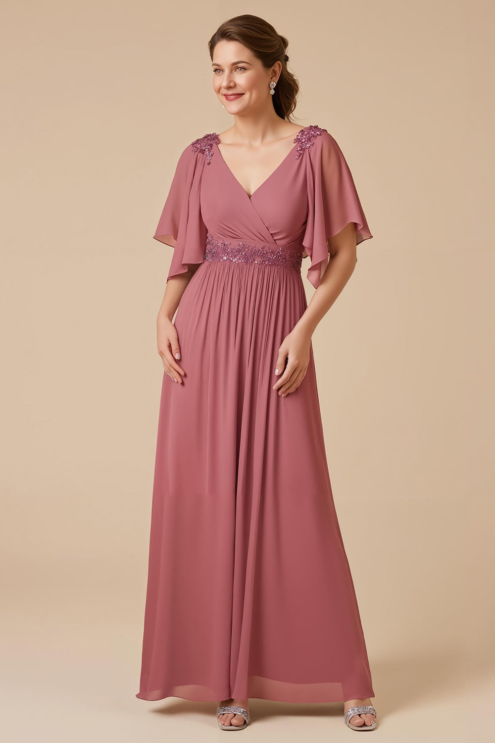 Desert Rose Chiffon A Line Long Wedding Guest Dress with Appliques