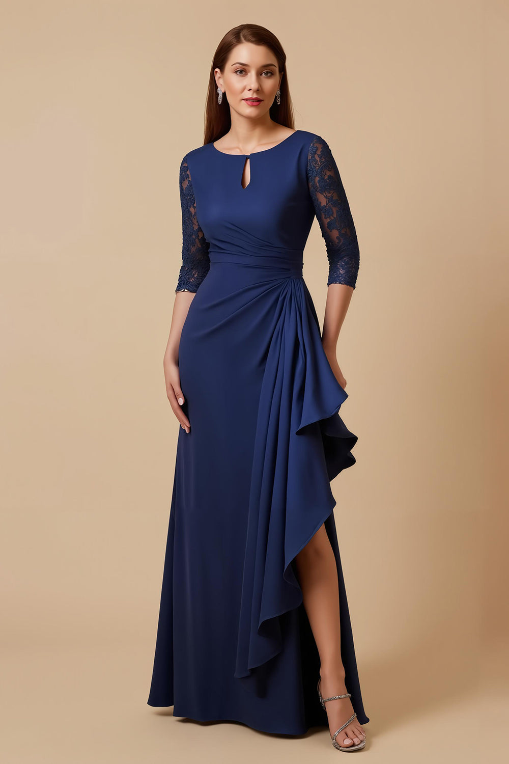 Navy Ruched Sheath Long Wedding Guest Dress with Lace Sleeves