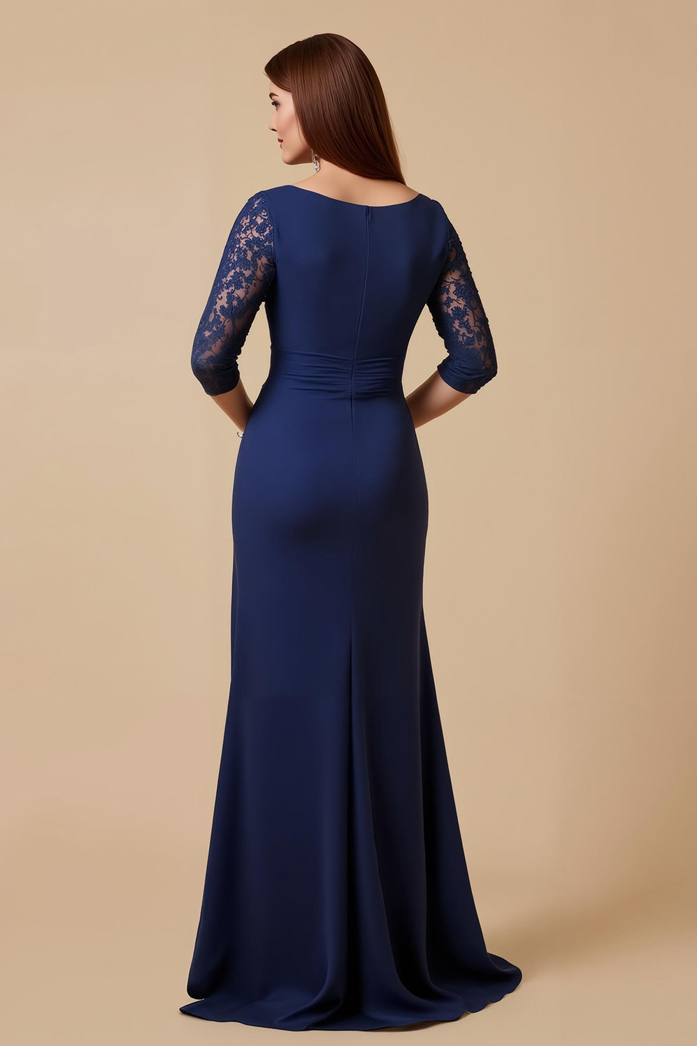 Navy Ruched Sheath Long Wedding Guest Dress with Lace Sleeves