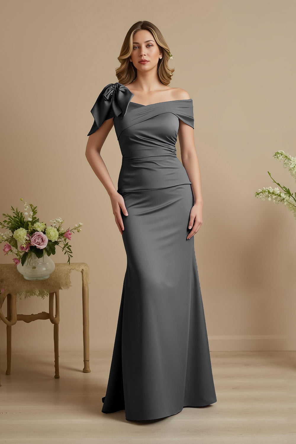 Dusty Blue Satin Ruched Mermaid Long Wedding Guest Dress with Bow