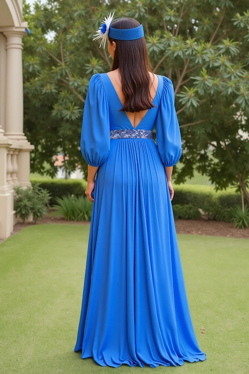 Blue A Line V-Neck Long Chiffon Wedding Guest Dress with Beading