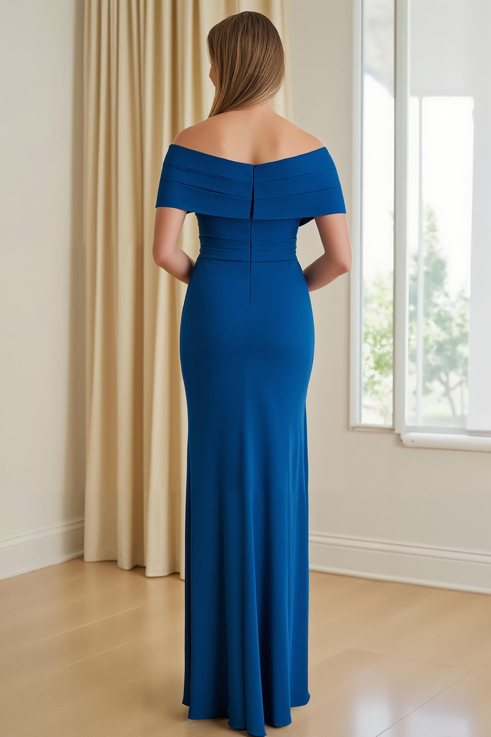 Blue Off The Shoulder Sheath Long Wedding Guest Dress with Slit
