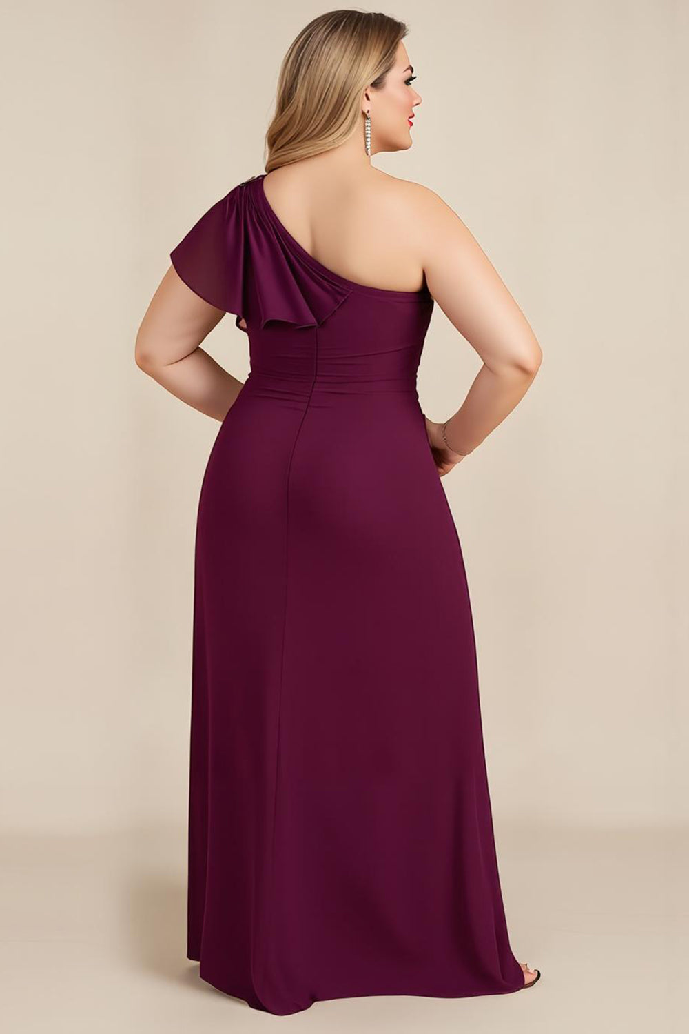 Burgundy Ruched One Shoulder Long Plus Size Wedding Guest Dress