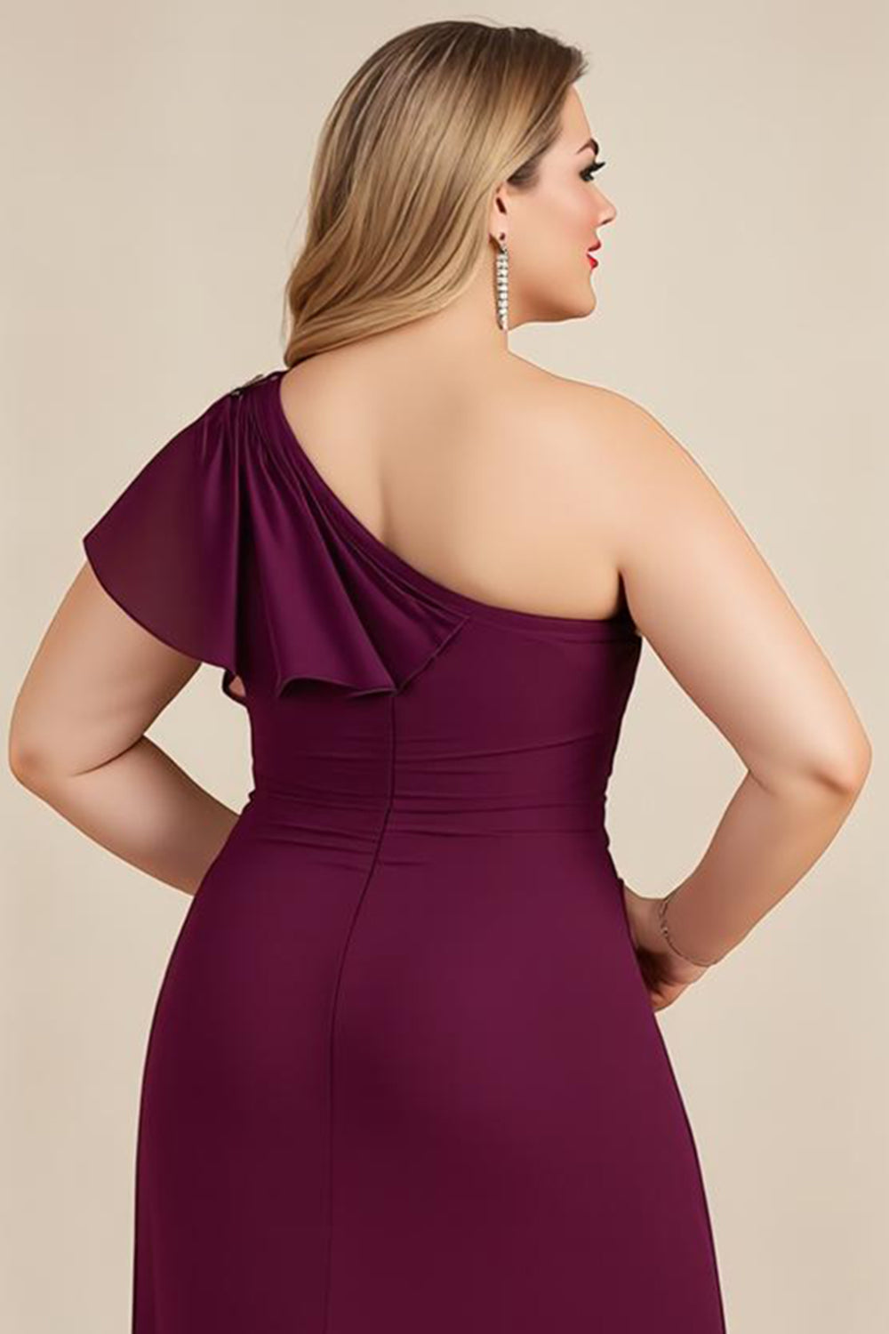 Burgundy Ruched One Shoulder Long Plus Size Wedding Guest Dress