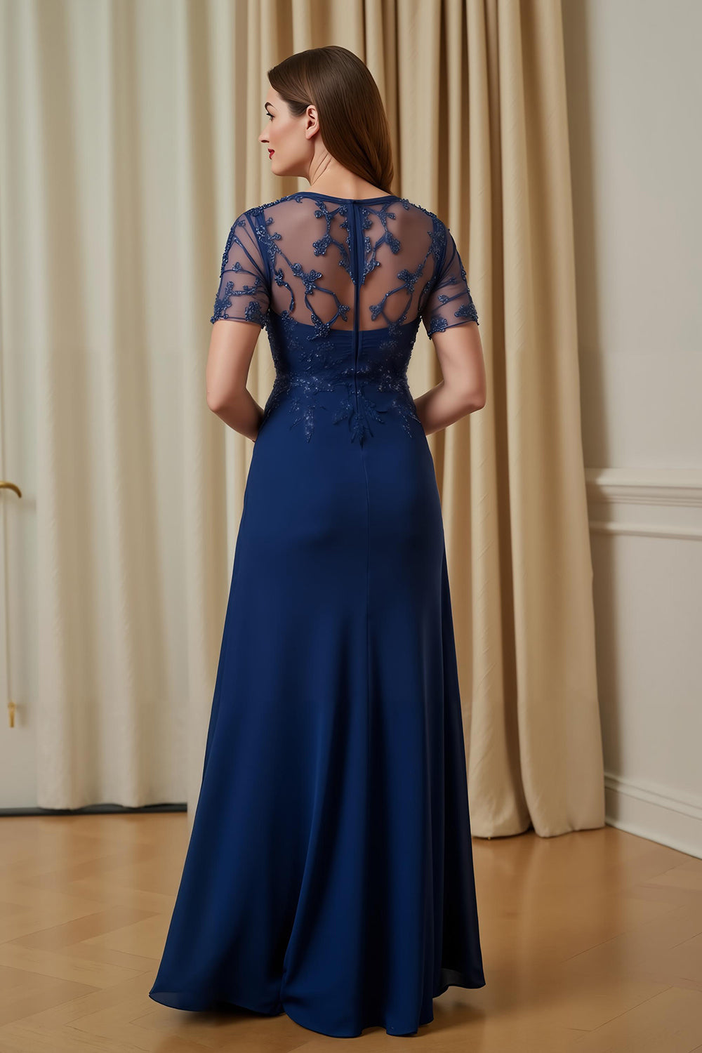 Navy Chiffon Illusion Boat Neck A Line Long Wedding Guest Dress with Sleeves