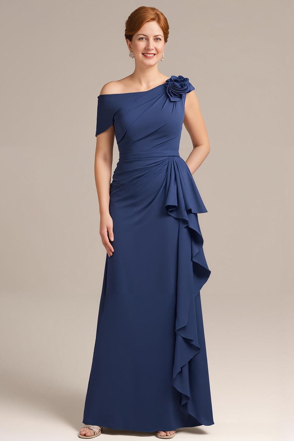 Navy Ruffled Sheath Long Wedding Guest Dress with 3D Flower