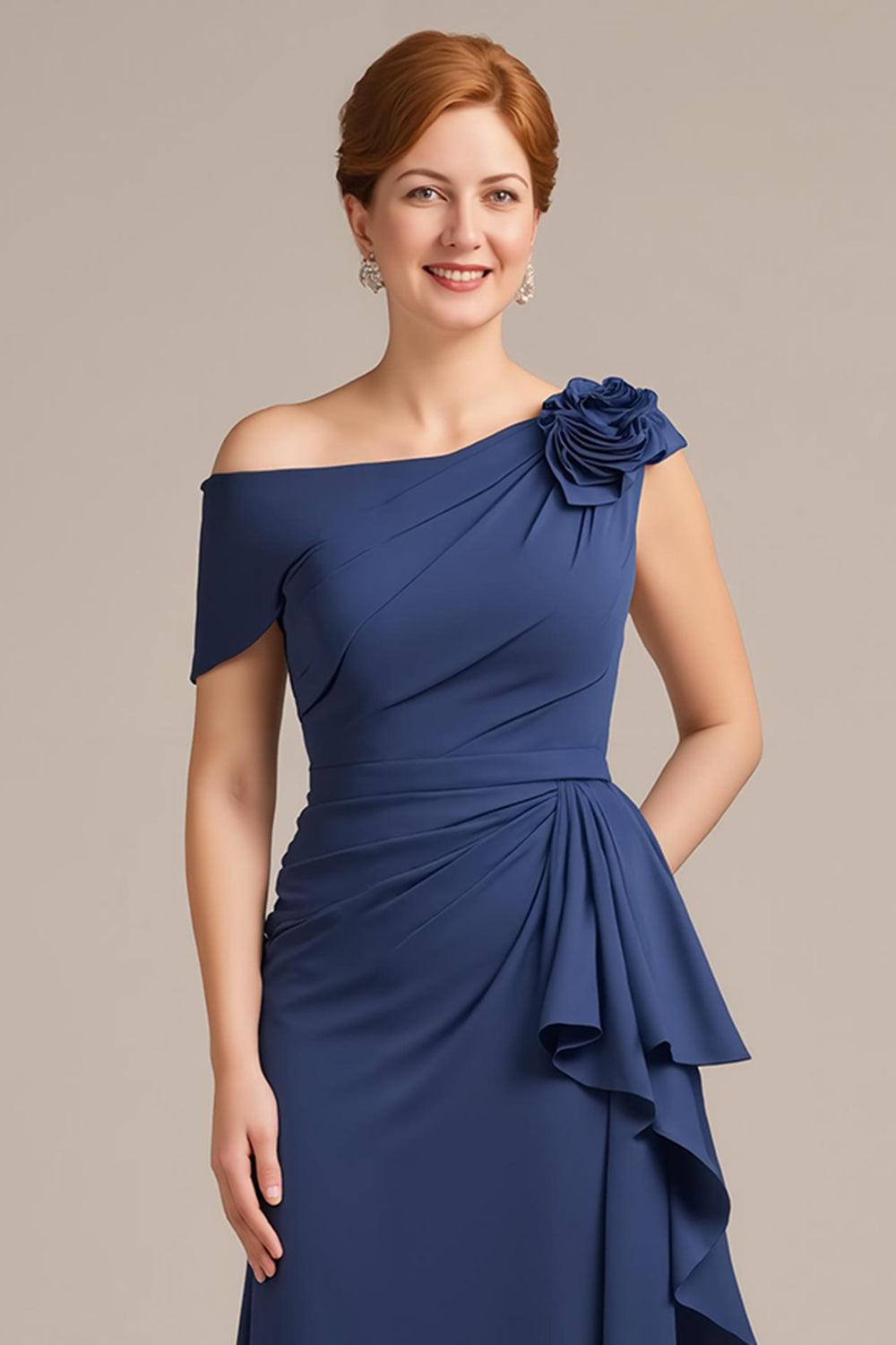 Navy Ruffled Sheath Long Wedding Guest Dress with 3D Flower