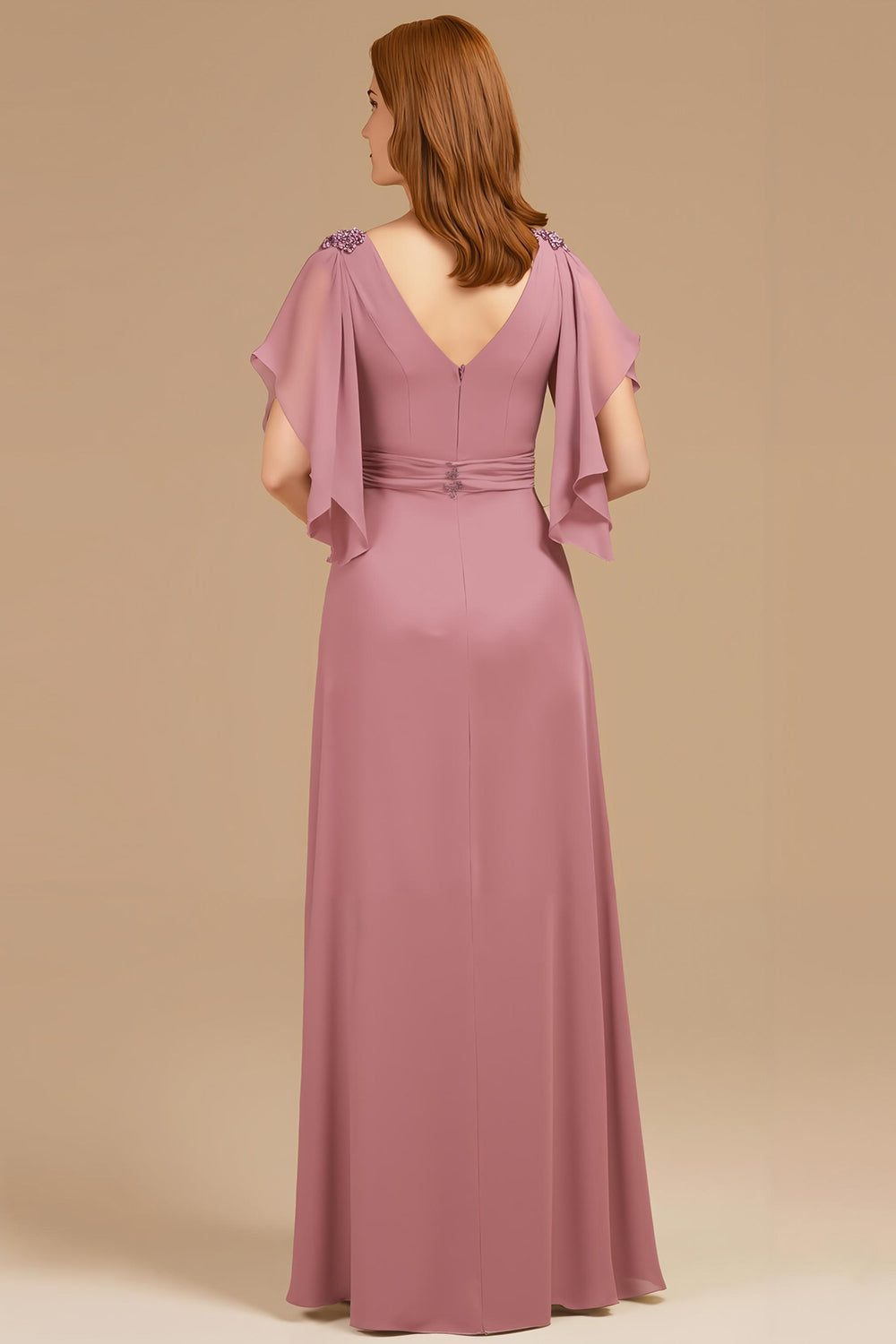 Grape Appliqued V-Neck Long Wedding Guest Dress with Ruffles