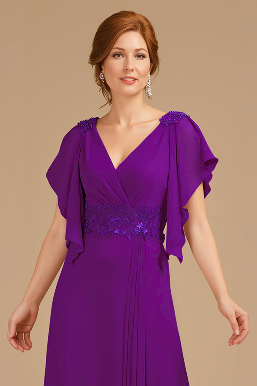 Grape Appliqued V-Neck Long Wedding Guest Dress with Ruffles
