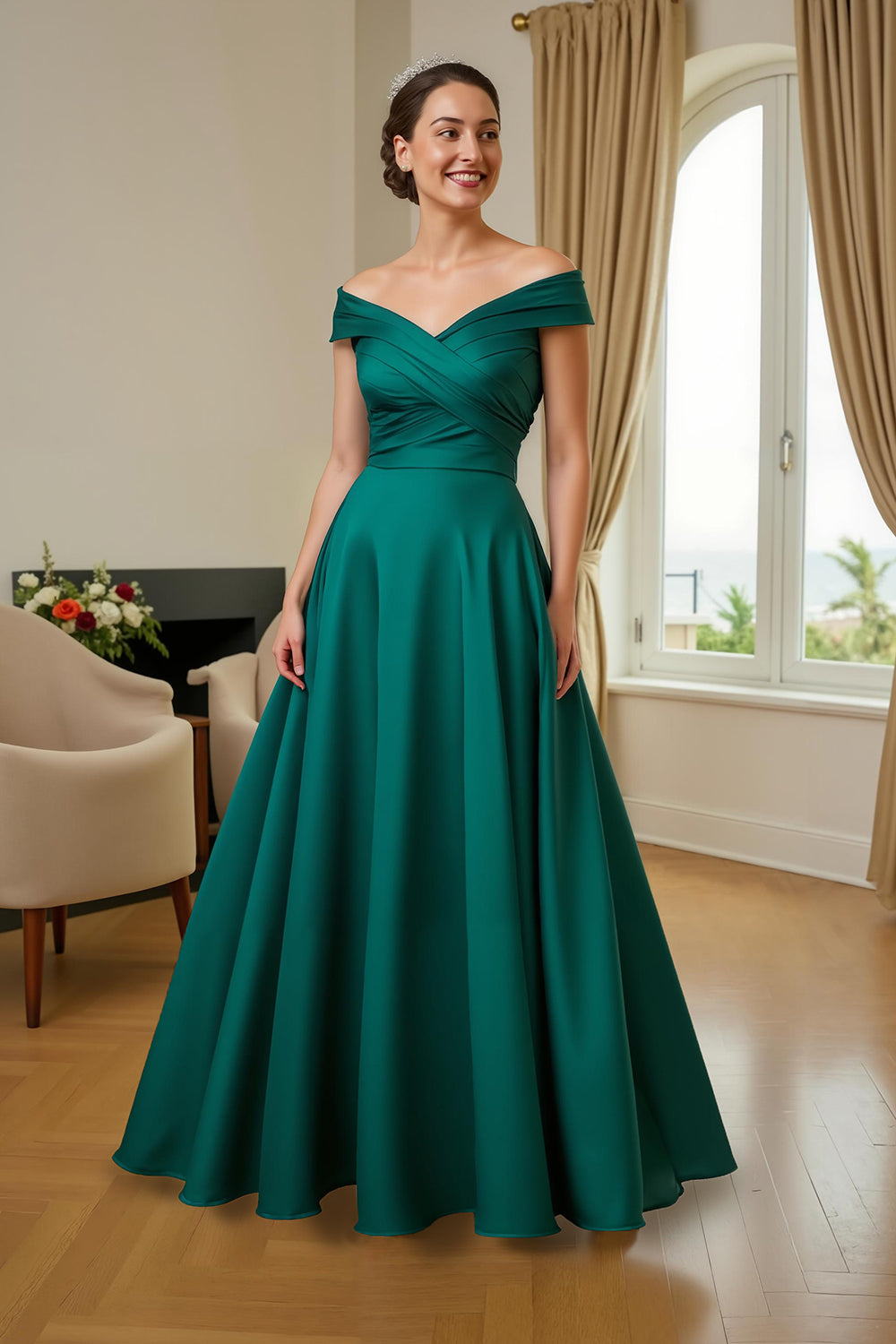 Dark Green Satin A Line Off The Shoulder Long Wedding Guest Dress
