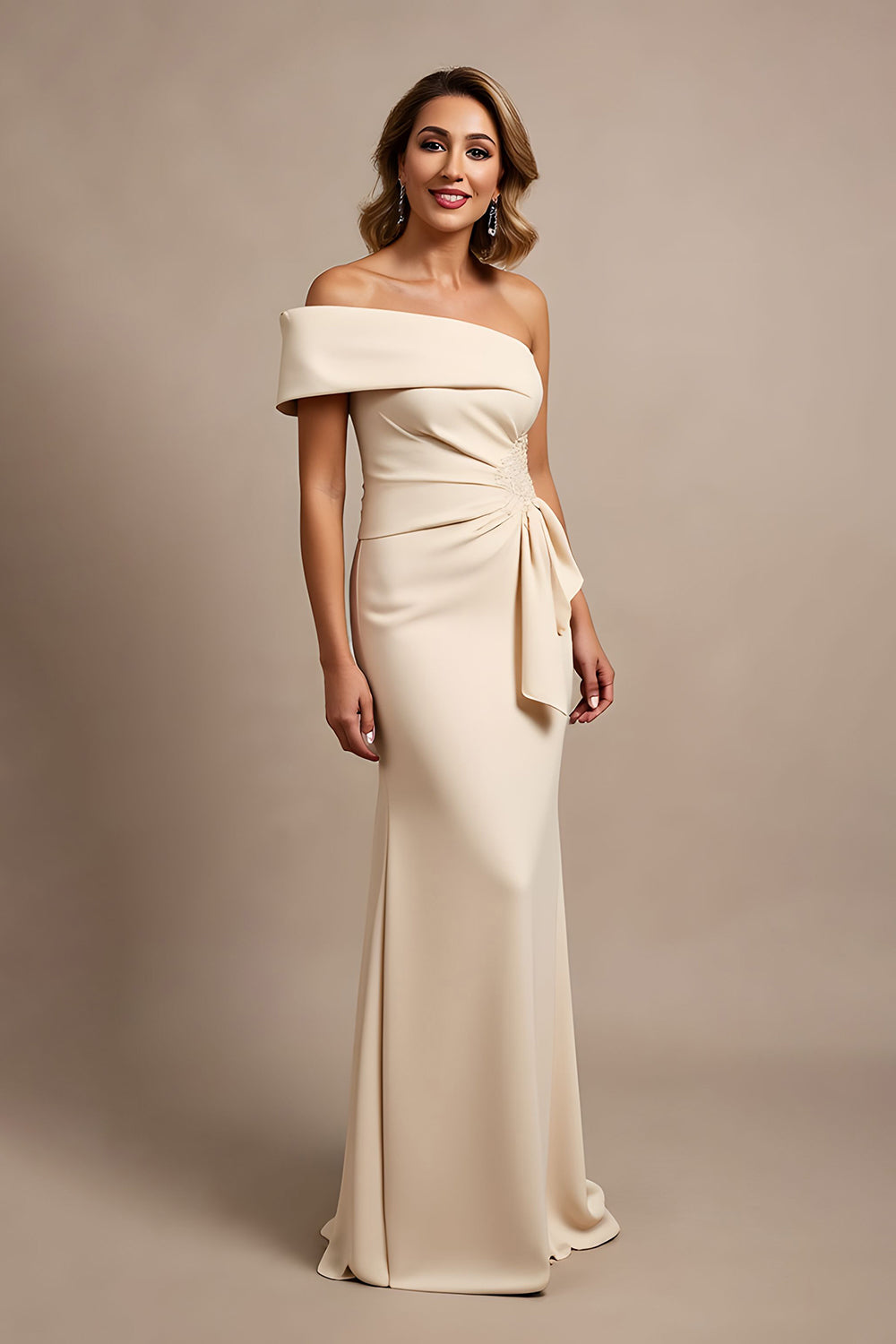 Apricot Satin Ruched Mermaid Long Wedding Guest Dress with Ruffles
