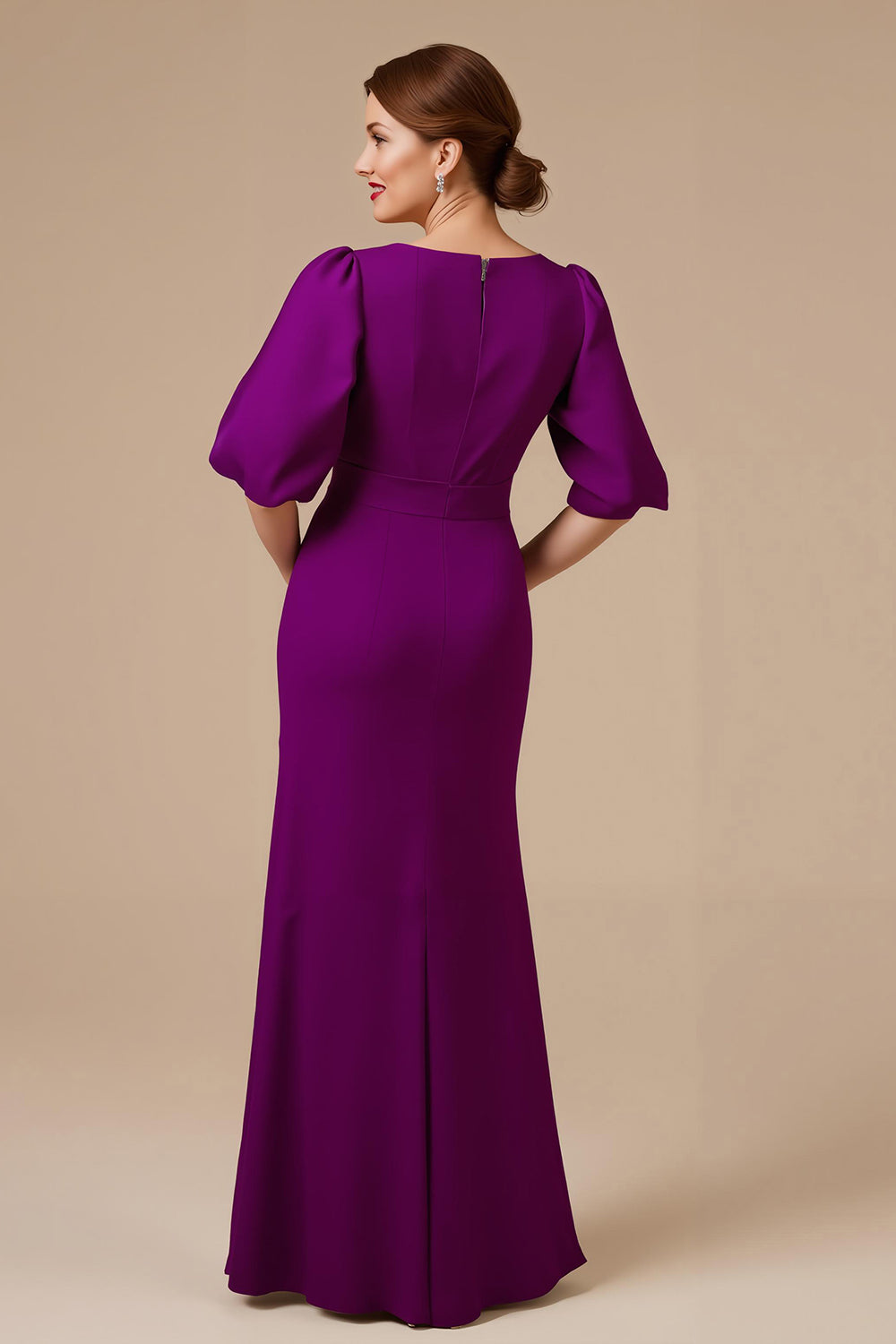 Grape Satin V-Neck Mermaid Long Wedding Guest Dress with Sleeves