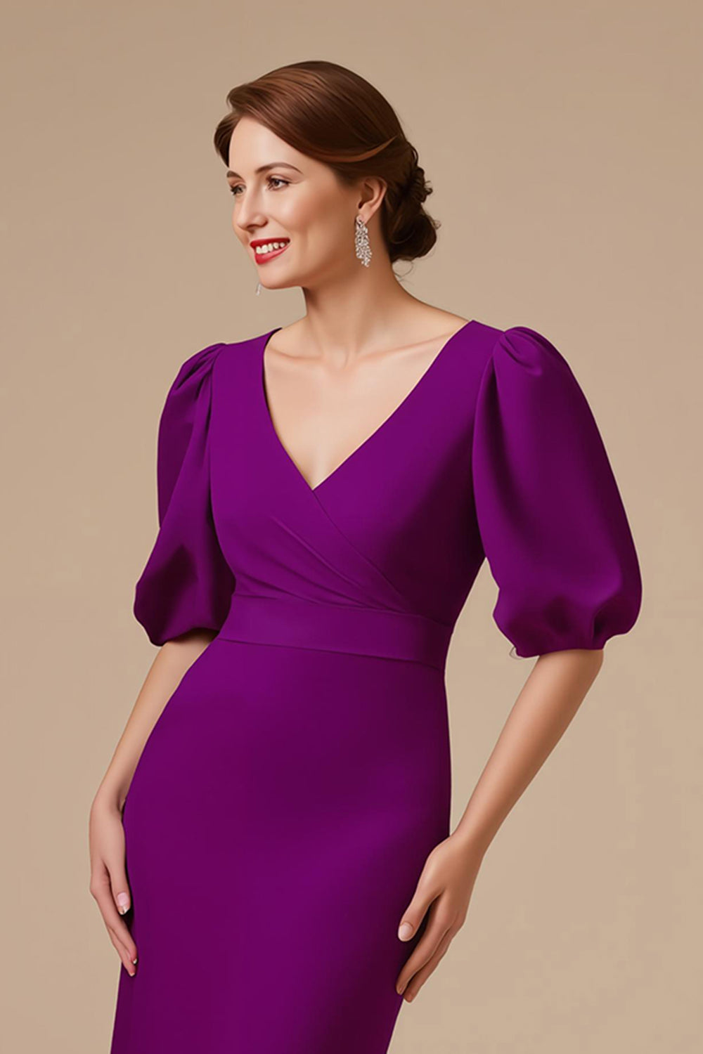Grape Satin V-Neck Mermaid Long Wedding Guest Dress with Sleeves