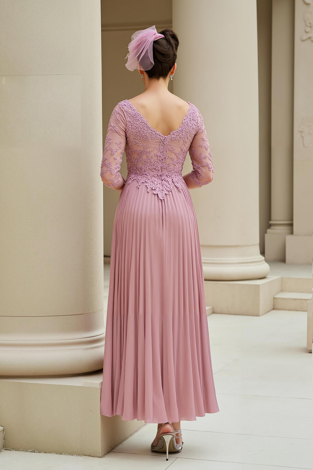 Dusty Rose A Line V-Neck Appliqued Long Wedding Guest Dress with Sleeves