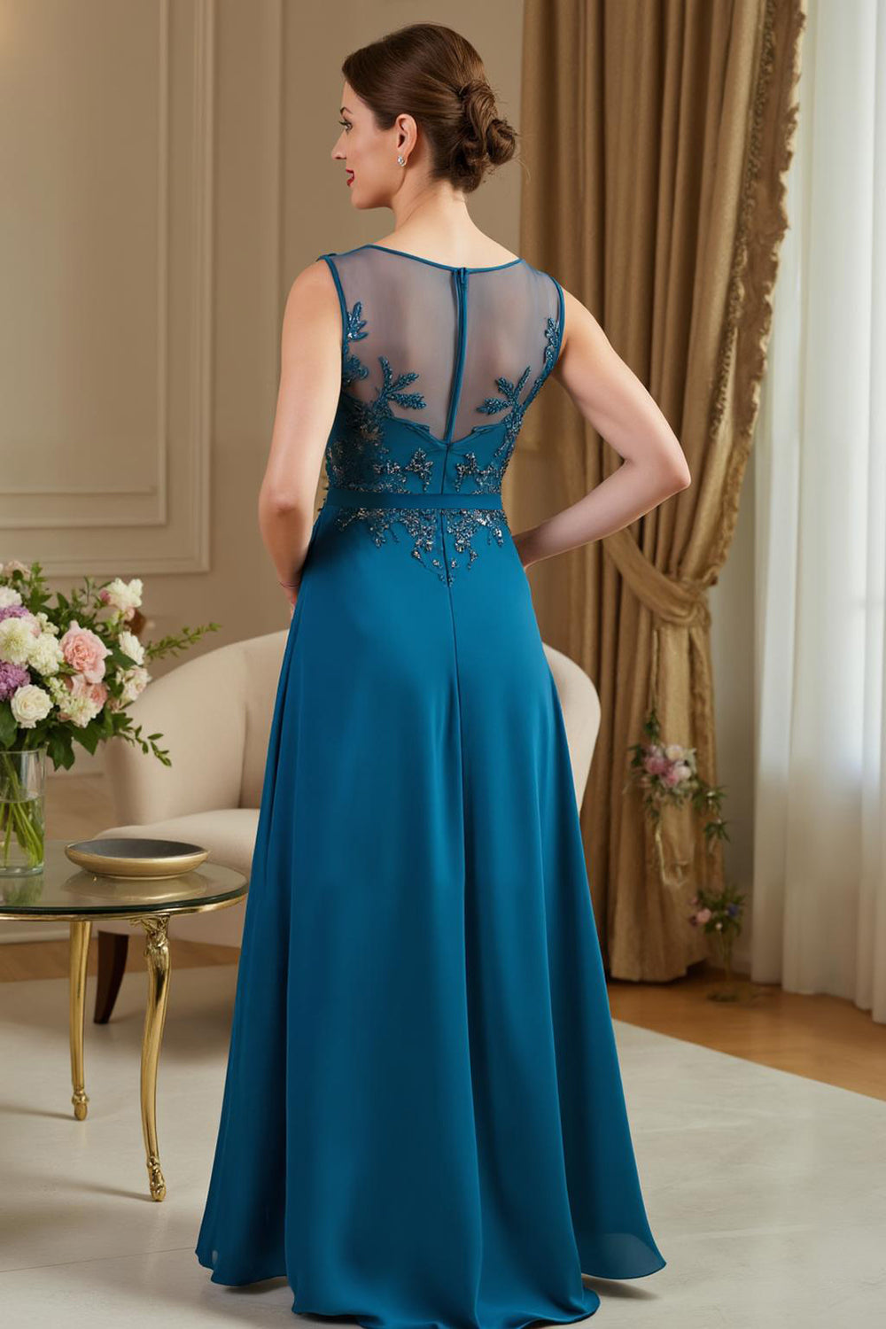 A Line Peacock Blue Long Wedding Guest Dress with Appliques