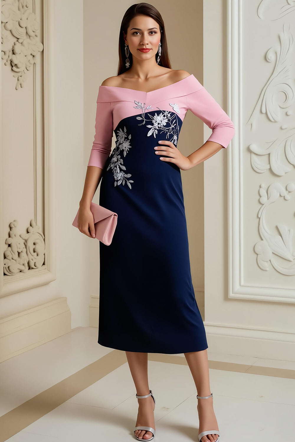 Navy Bodycon Satin Midi Wedding Guest Dress with Appliques