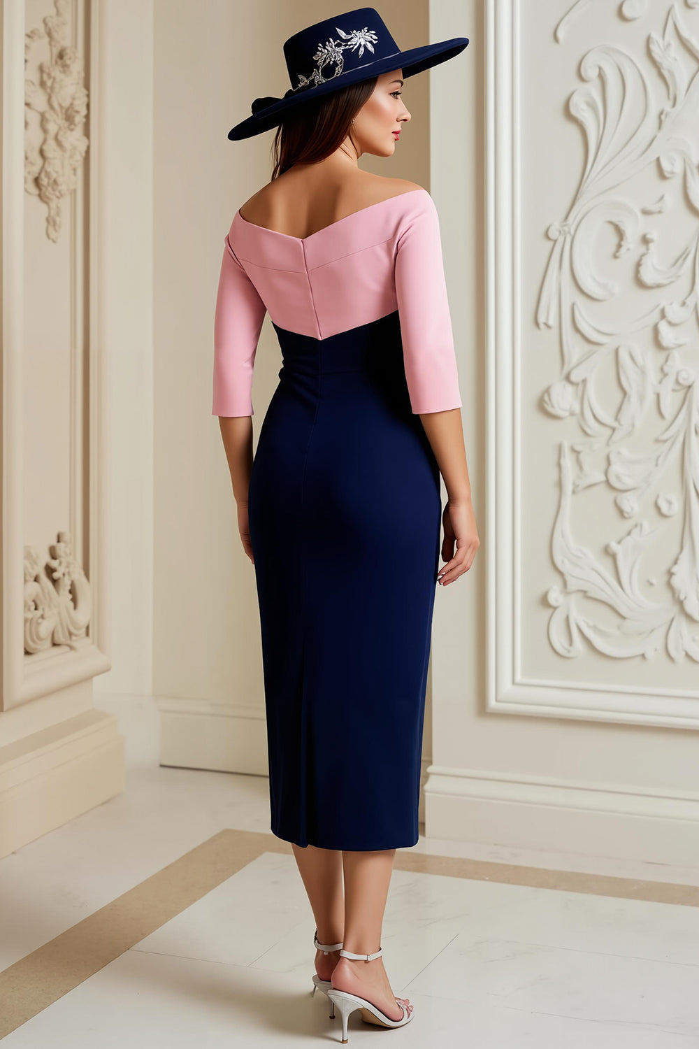 Navy Bodycon Satin Midi Wedding Guest Dress with Appliques