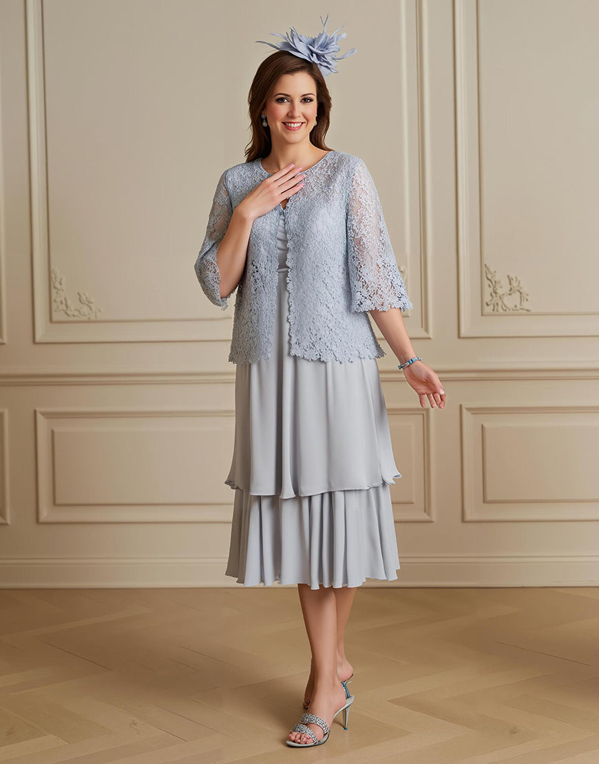 2 Piece Silver Midi Wedding Guest Dress with Sleeves