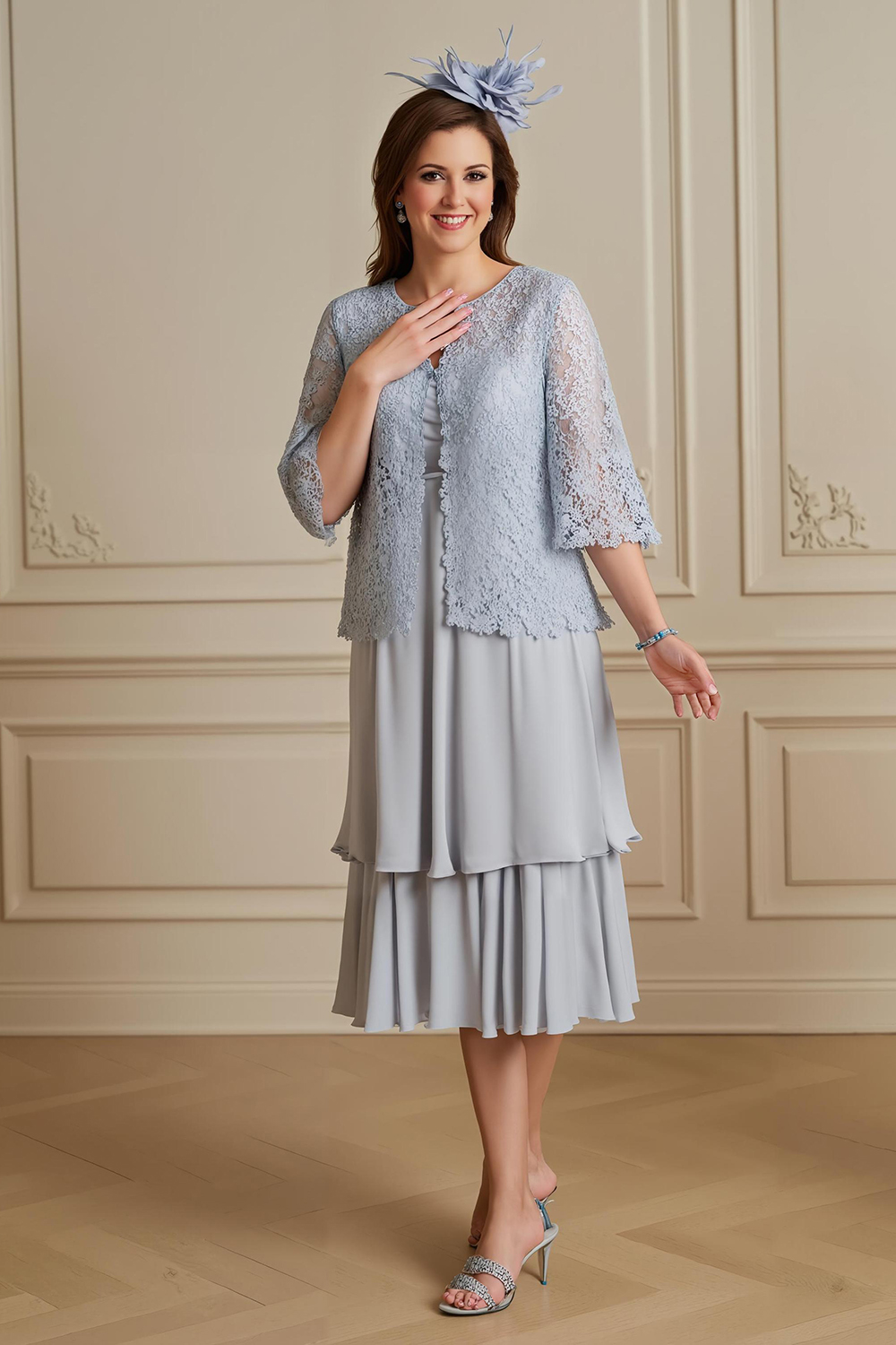 2 Piece Silver Midi Wedding Guest Dress with Sleeves