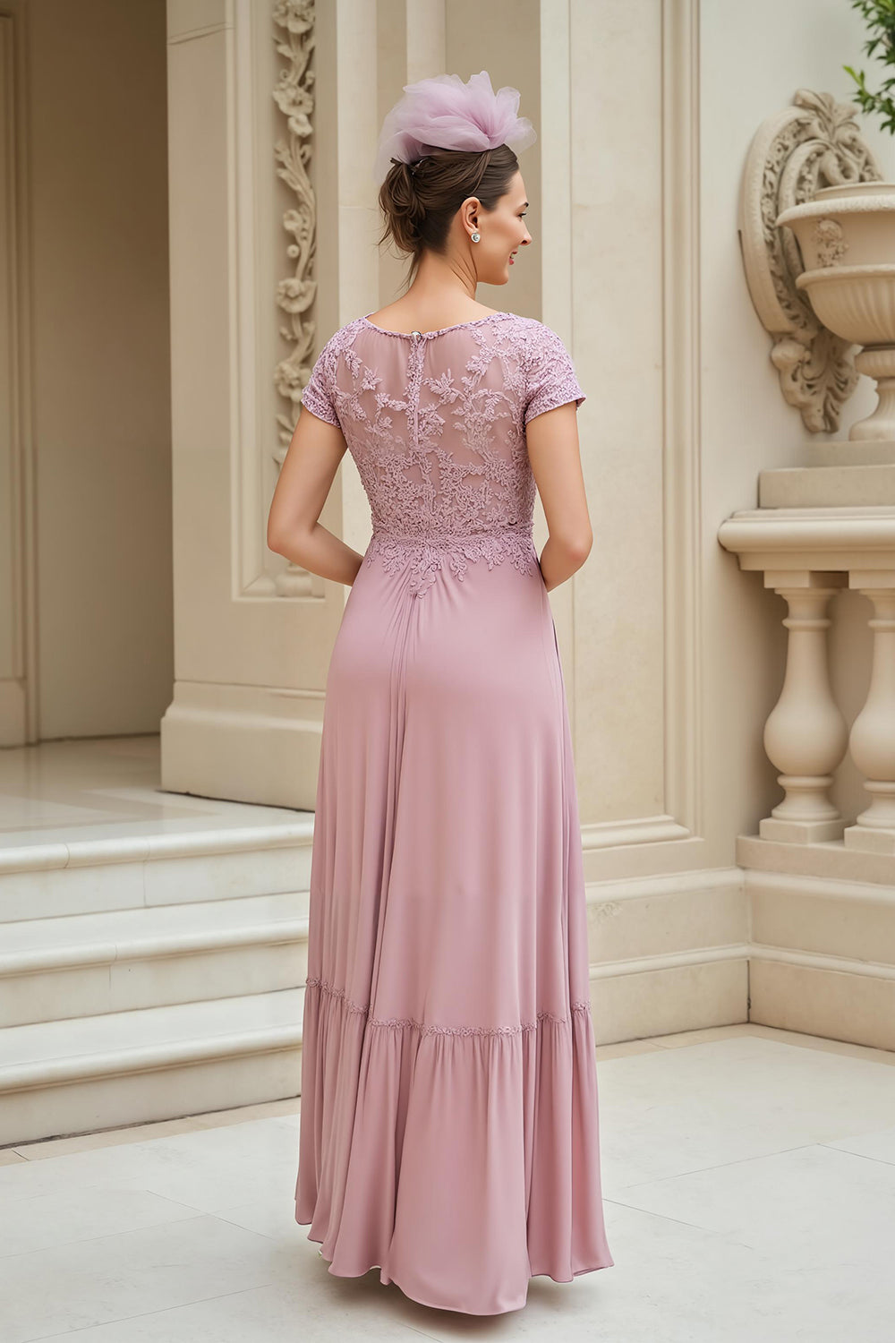 Dusty Rose V-Neck Chiffon Long Wedding Guest Dress with Lace