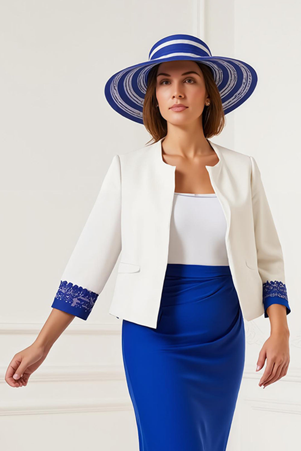 2 Piece Royal Blue Bodycon Midi Wedding Guest Dress with Lace