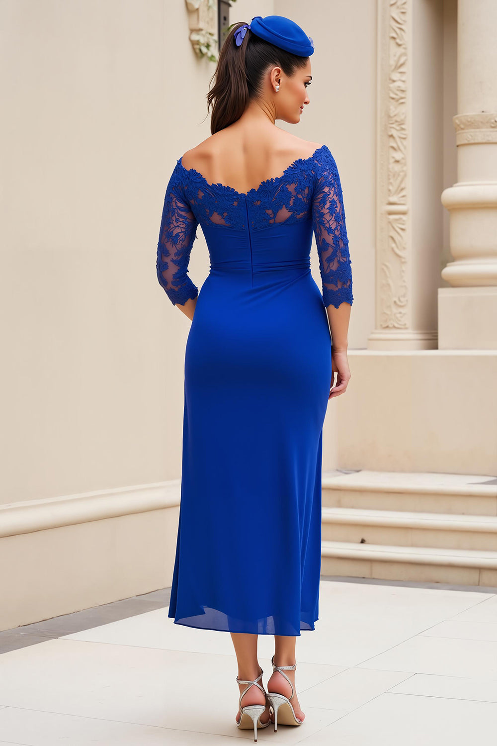 Royal Blue Midi Ruched Wedding Guest Dress with Sleeves