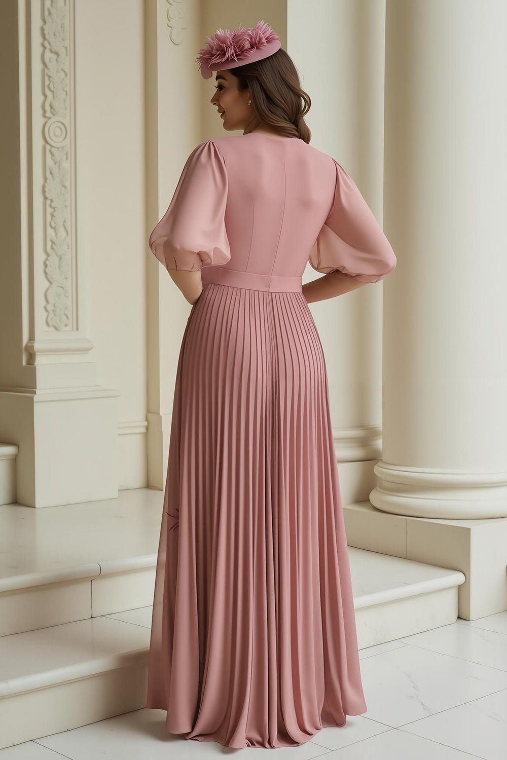 Dusty Rose Pleated Chiffon Long Wedding Guest Dress with Sleeves