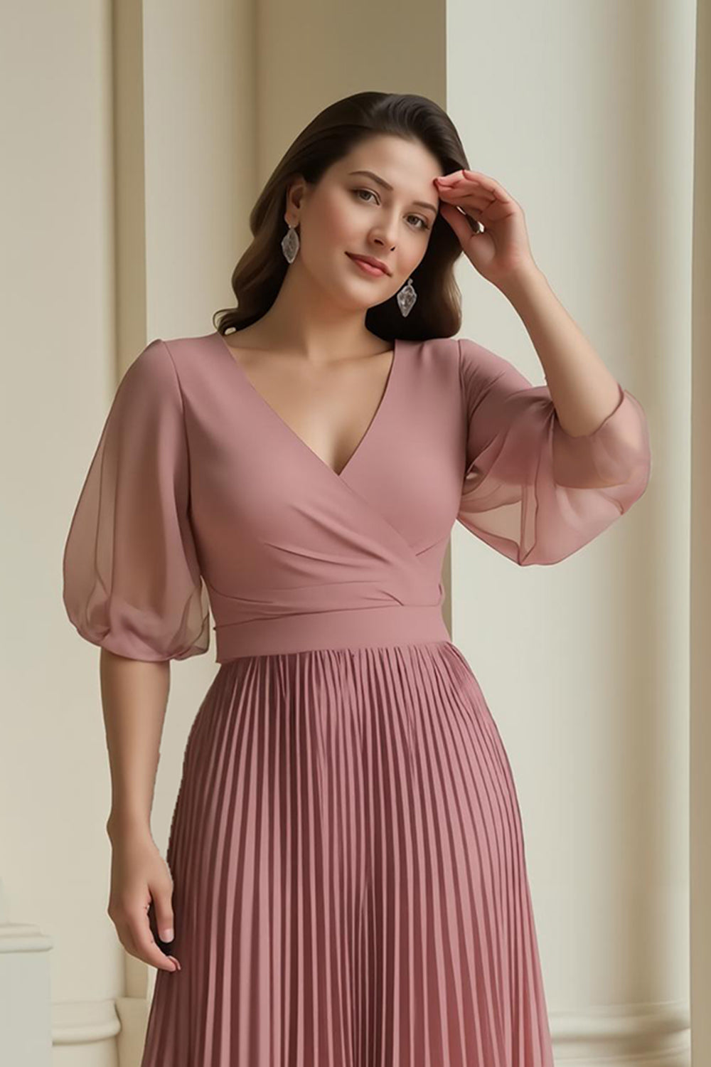 Dusty Rose Pleated Chiffon Long Wedding Guest Dress with Sleeves