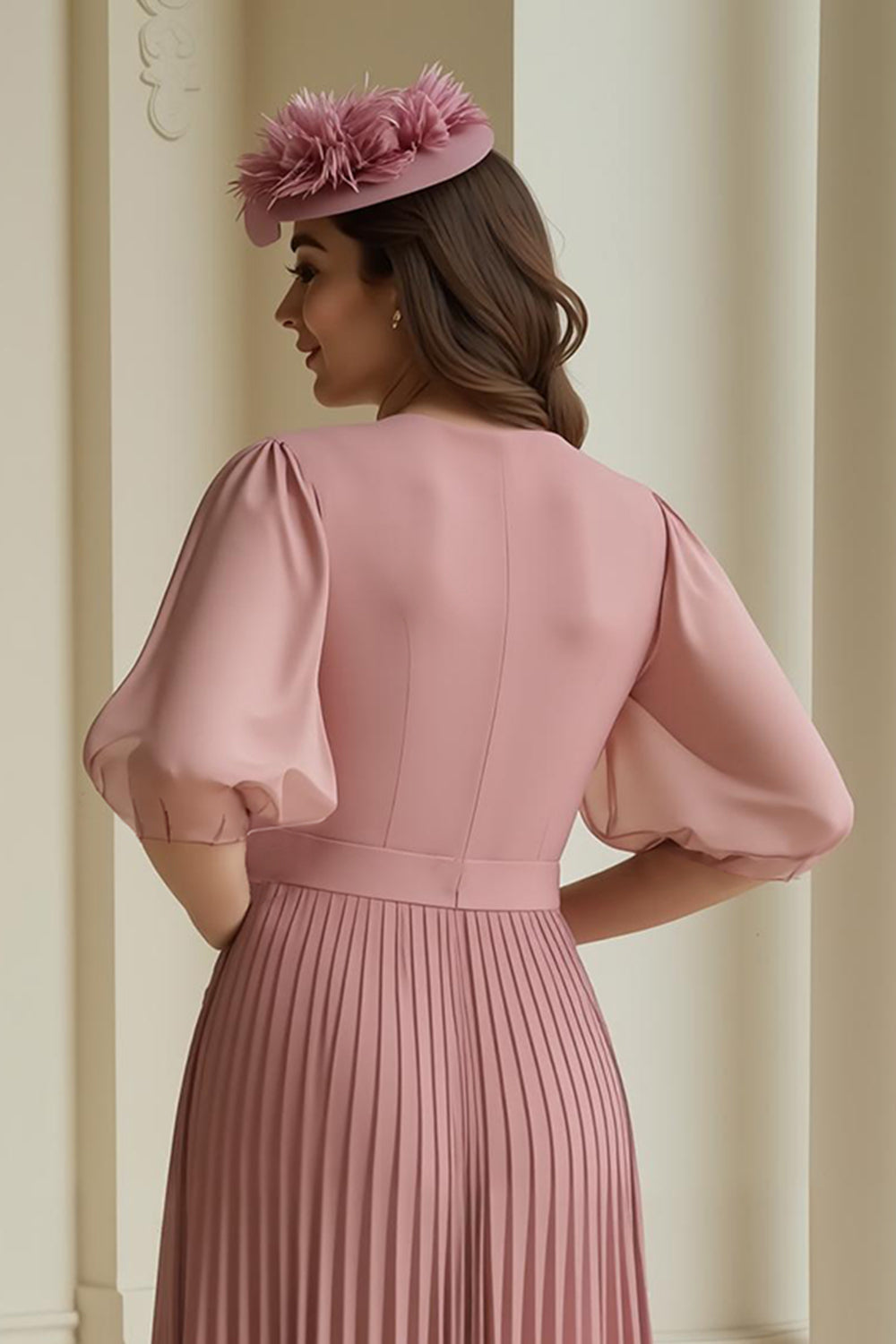 Dusty Rose Pleated Chiffon Long Wedding Guest Dress with Sleeves