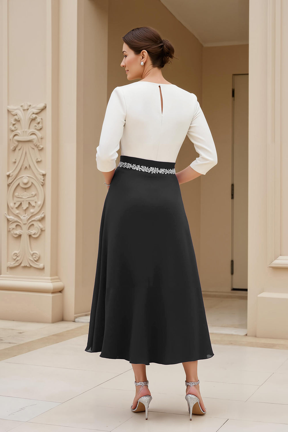 Elegant Black and White A Line Midi Chiffon Wedding Guest Dress with Sleeves