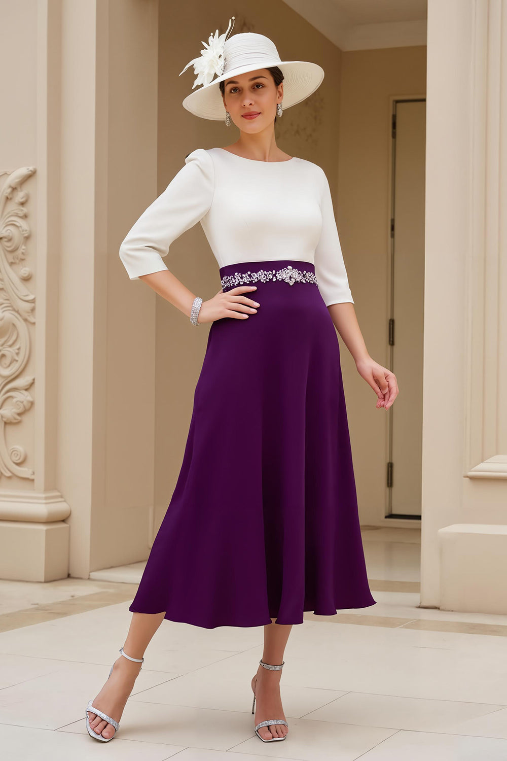 Elegant Black and White A Line Midi Chiffon Wedding Guest Dress with Sleeves