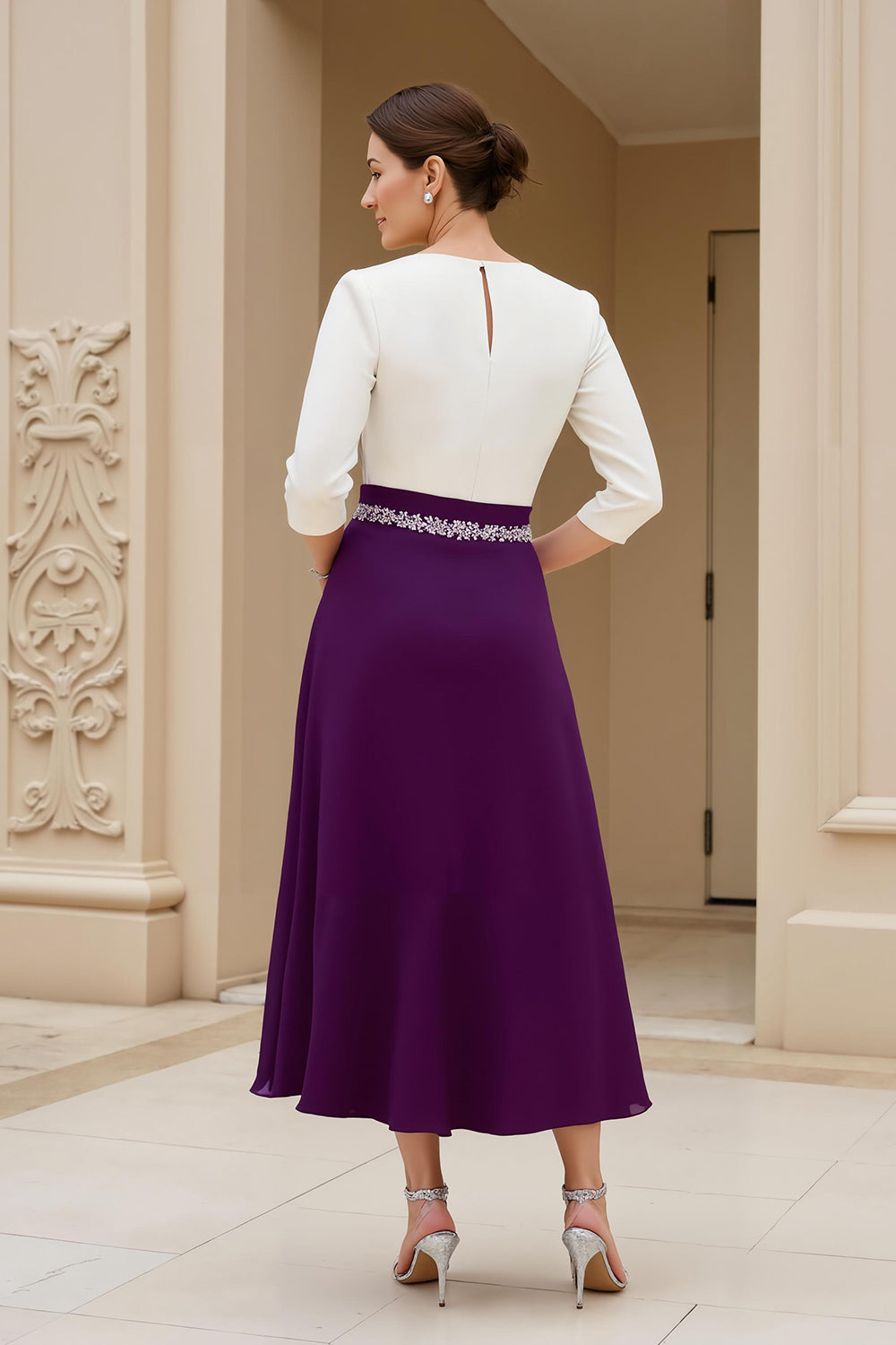 Elegant Black and White A Line Midi Chiffon Wedding Guest Dress with Sleeves