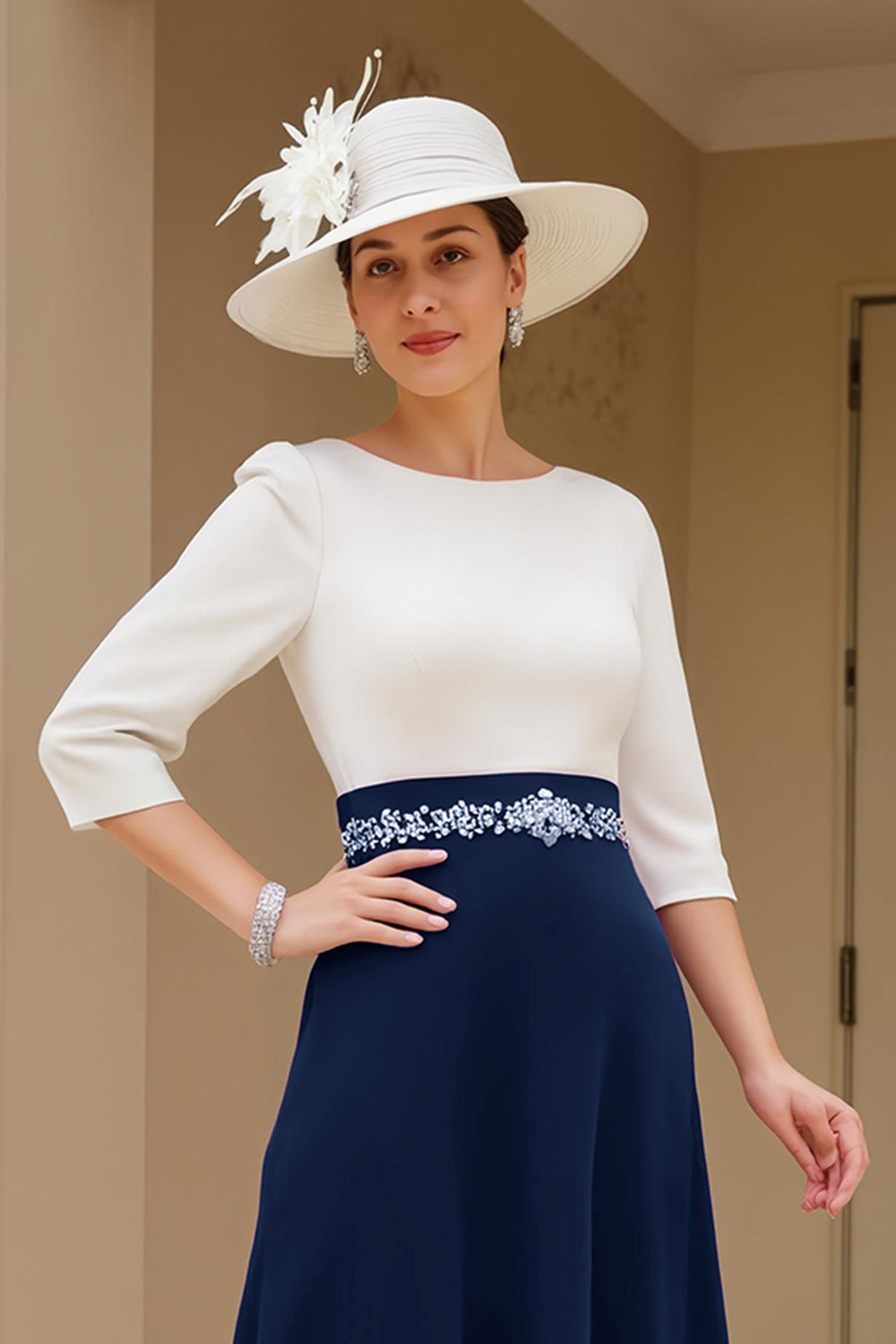 Elegant Black and White A Line Midi Chiffon Wedding Guest Dress with Sleeves