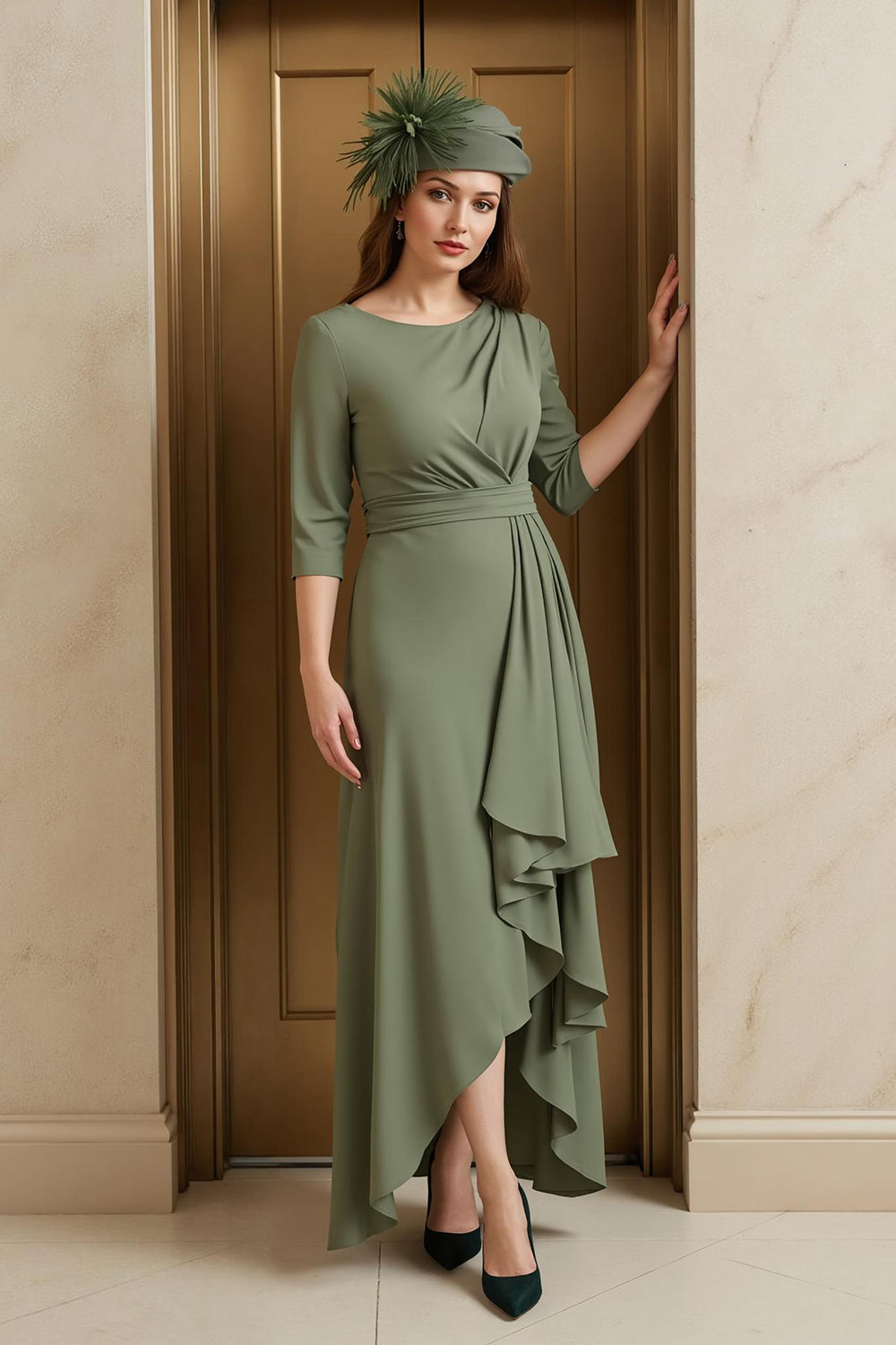Olive Asymmetrical Round Neck Wedding Guest Dress with Sleeves