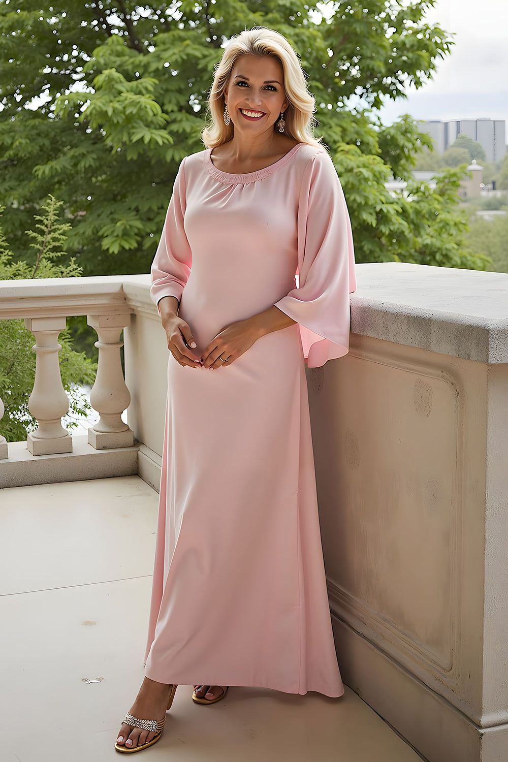 Candy Pink Round Neck Long Chiffon Wedding Guest Dress with Sleeves