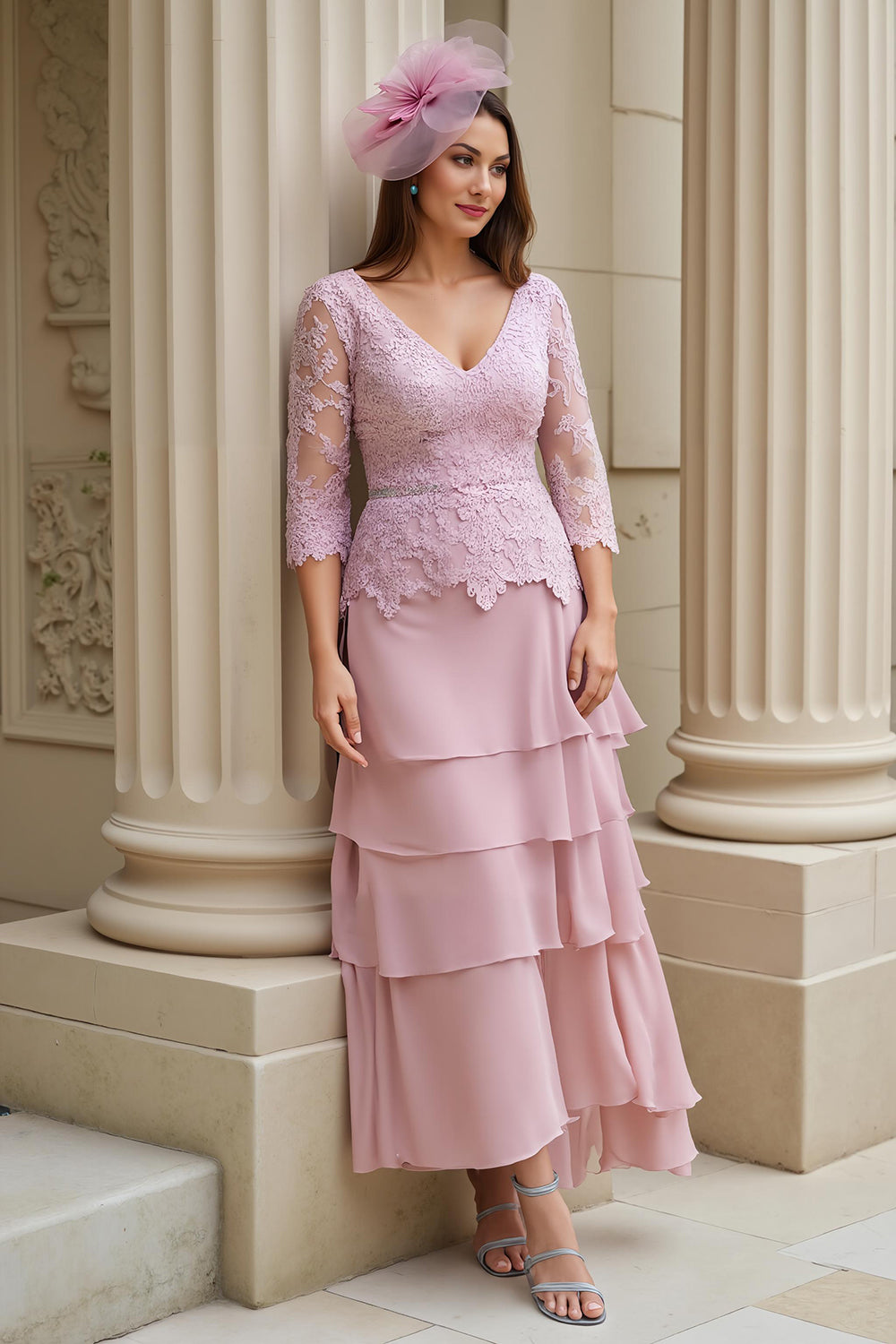 Blush Appliqued Chiffon Long Wedding Guest Dress with Sleeves
