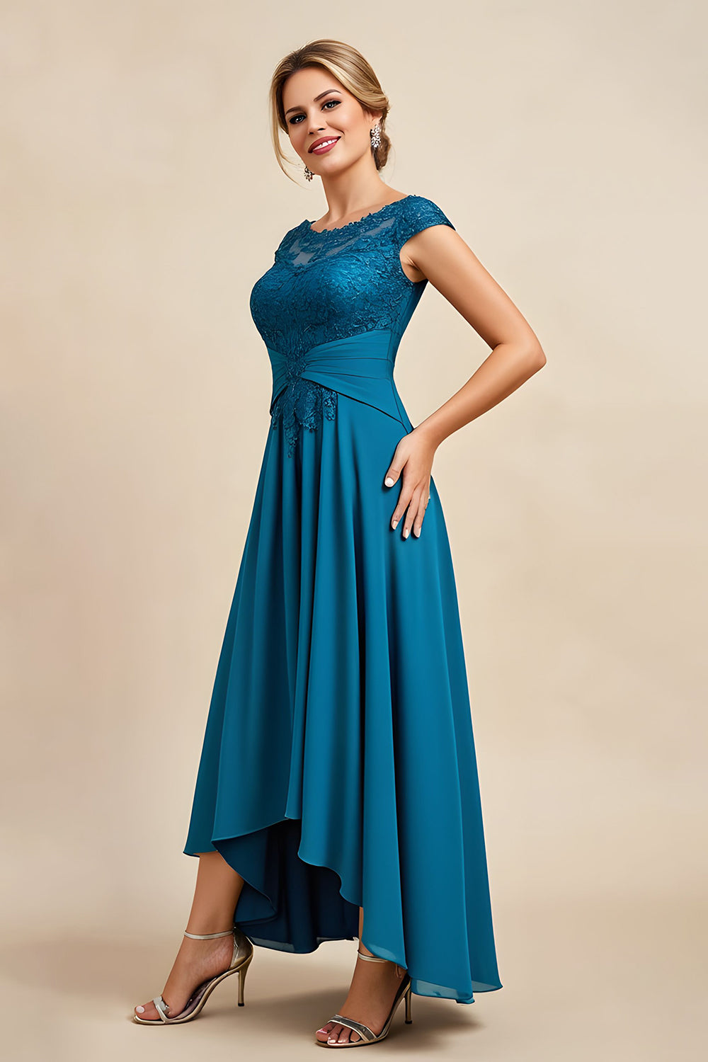 Peacock Blue A Line Asymmetrical Chiffon Wedding Guest Dress with Lace