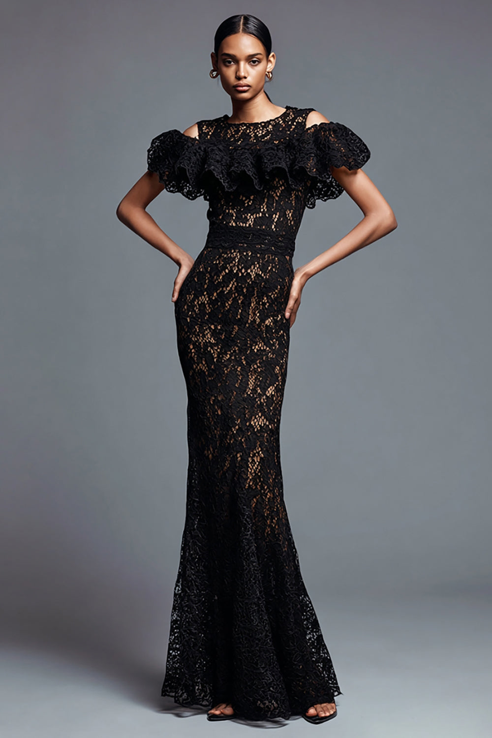 Lace Mermaid Cold Shoulder Long Black Tie Dress with Ruffles