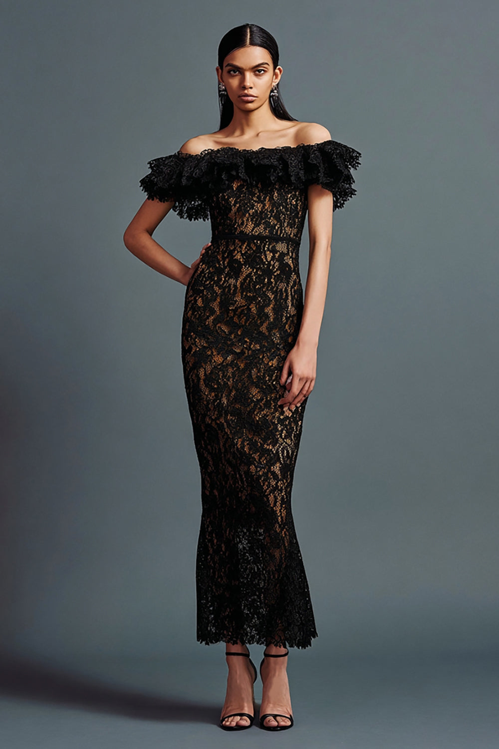 Black Mermaid Off the Shoulder Long Lace Evening Dress with Ruffles
