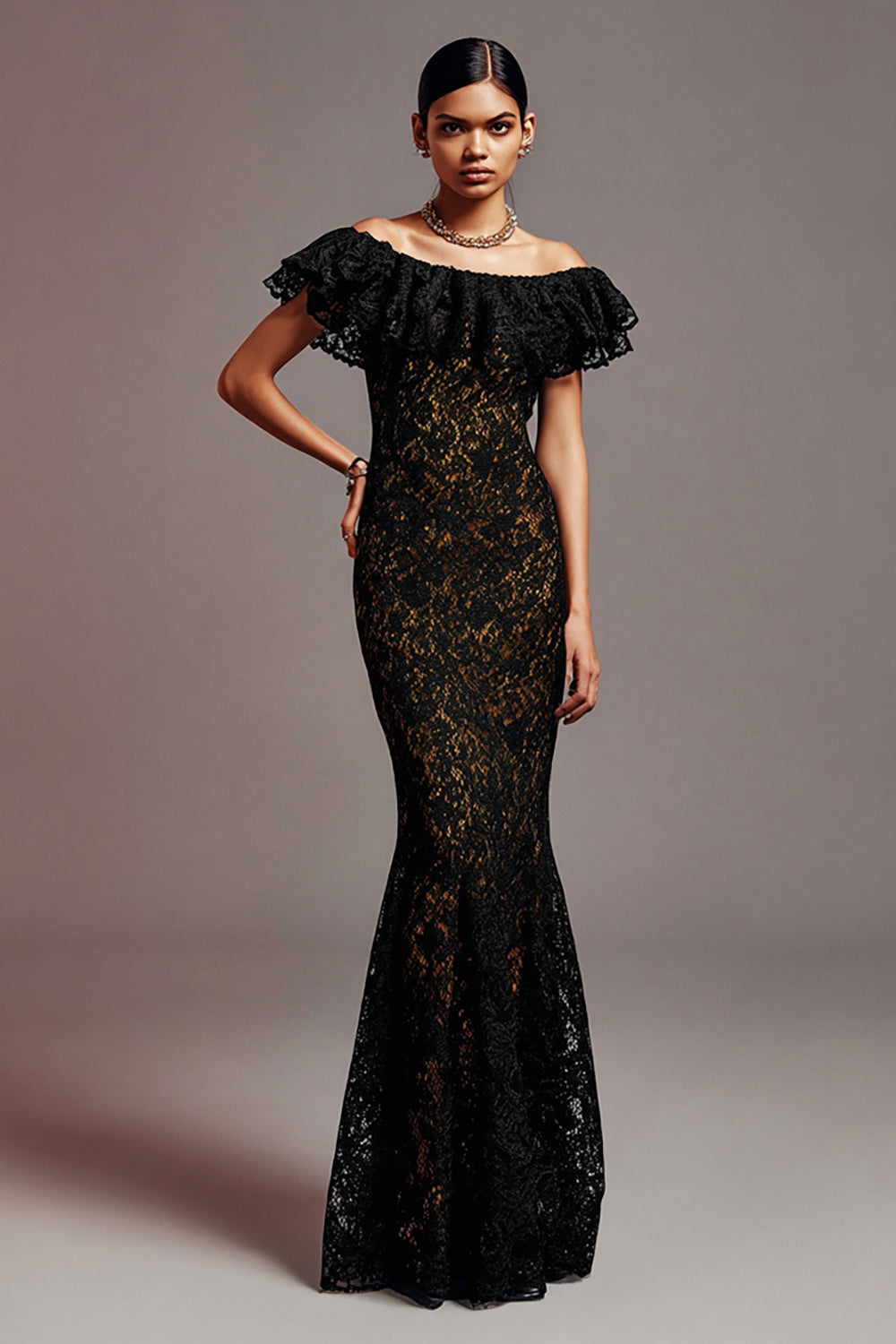 Black Mermaid Off the Shoulder Long Lace Formal Dress with Ruffles