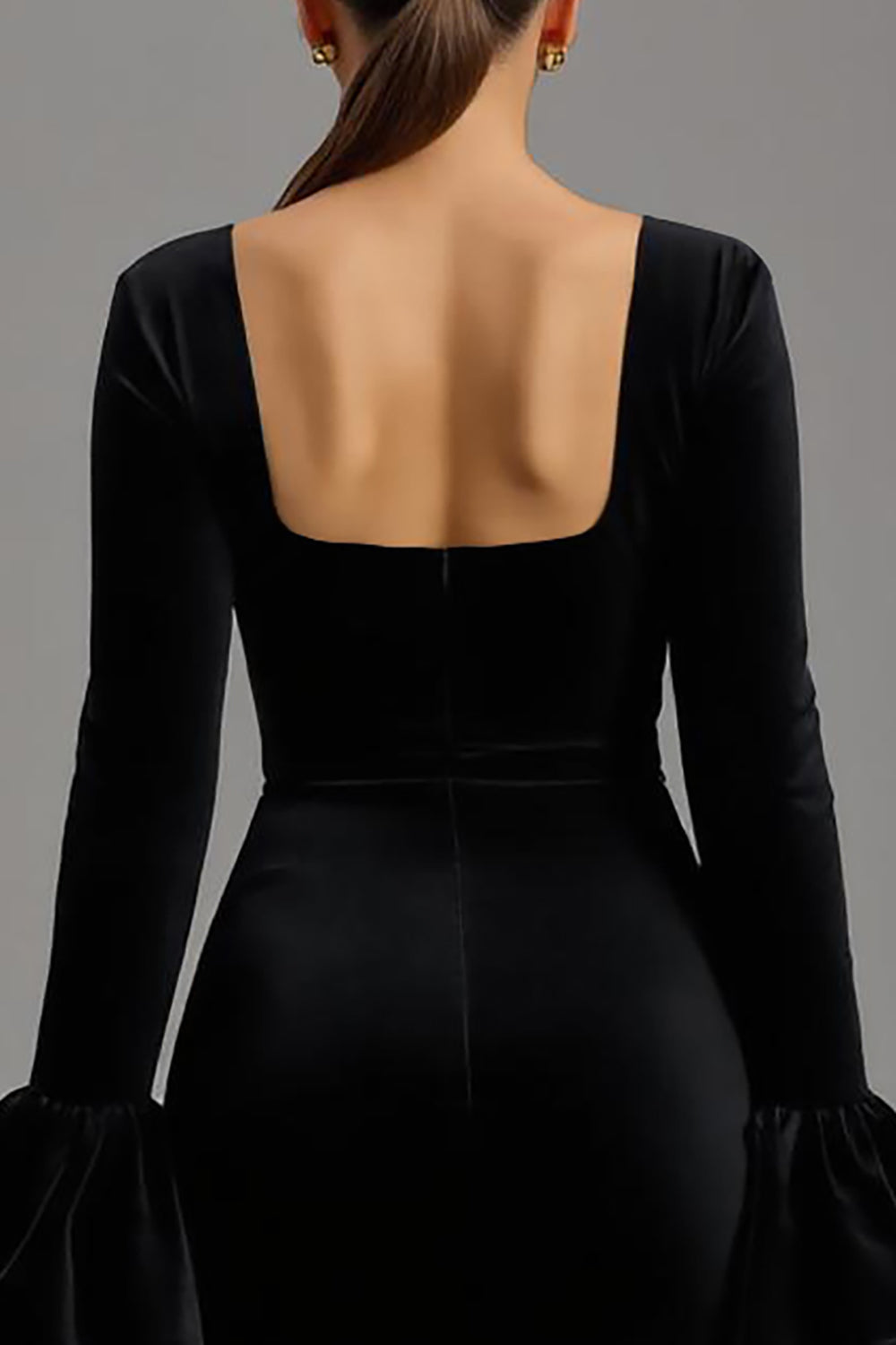 Black Velvet Square Neck Sheath Long Evening Dress with Sleeves