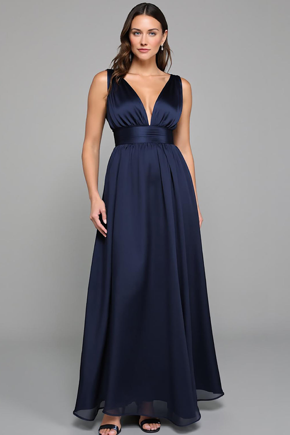 Navy Deep V Neck A Line Long Evening Drees