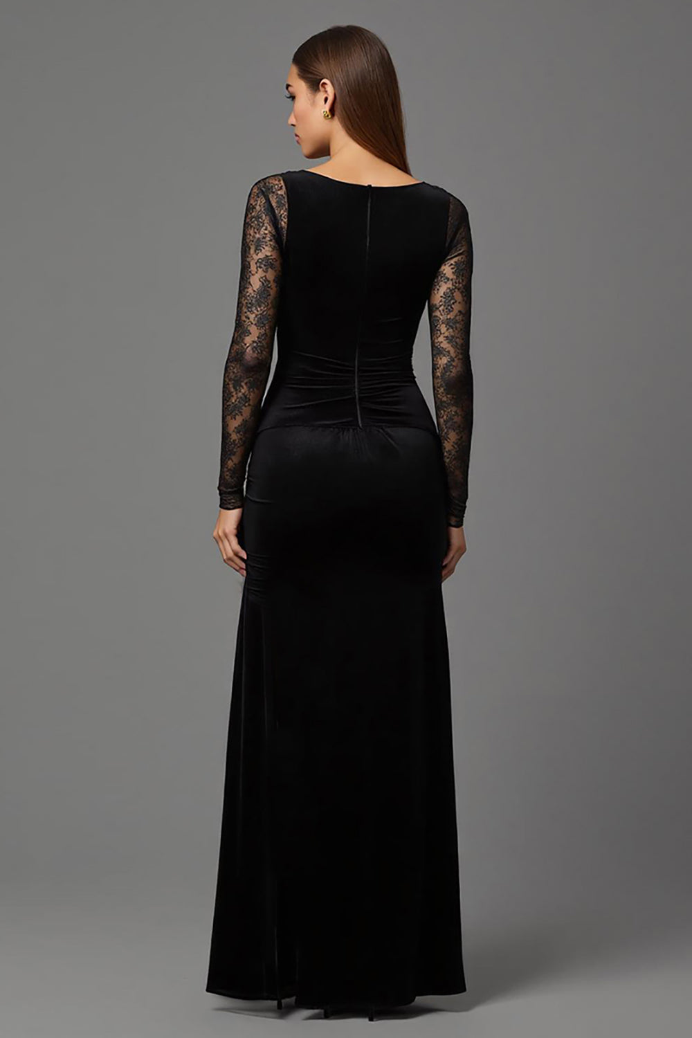 Black Velvet Illusion Neck Sheath Long Evening Dress with Sleeves
