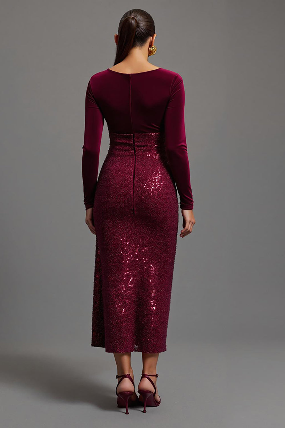 Sparkly Burgundy Sequins Sheath Long Sleeves Evening Dress with Slit