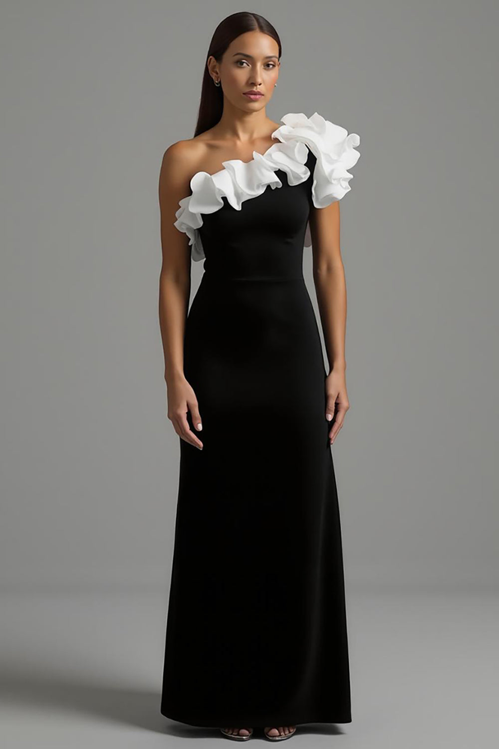 Black and White Ruffled One Shoulder Long Evening Dress