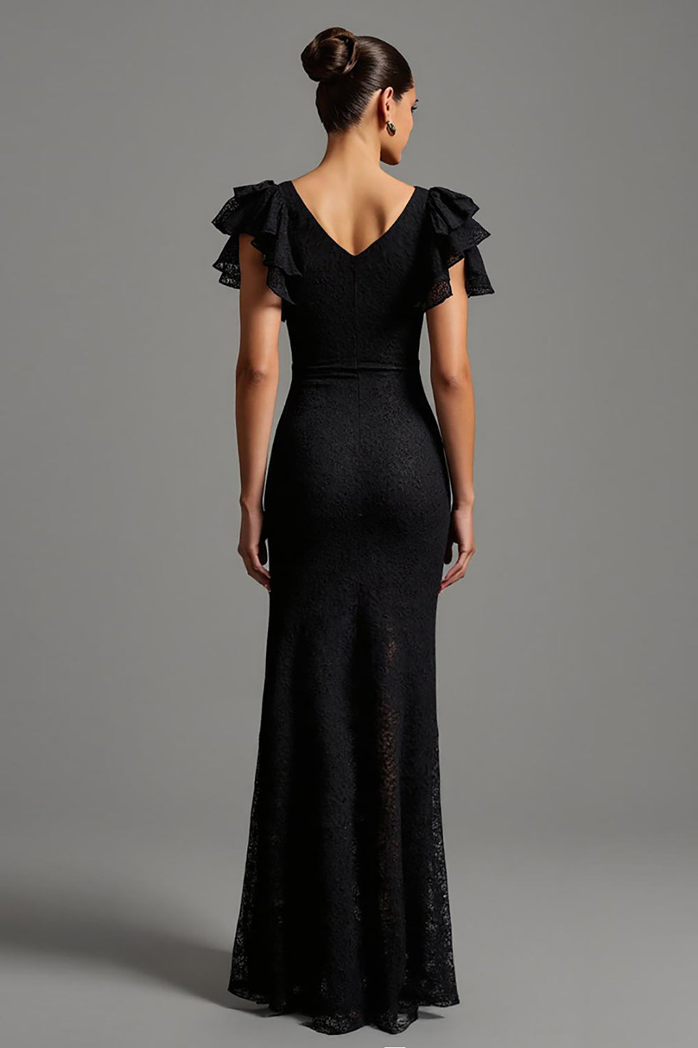 Black Sheath Boat Neck Long Lace Evening Dress with Ruffles