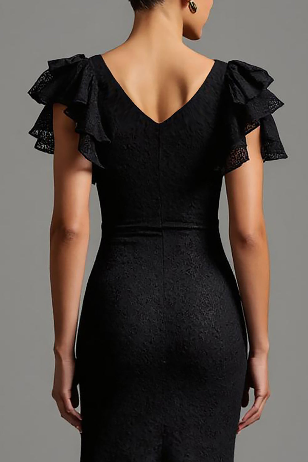 Black Sheath Boat Neck Long Lace Evening Dress with Ruffles